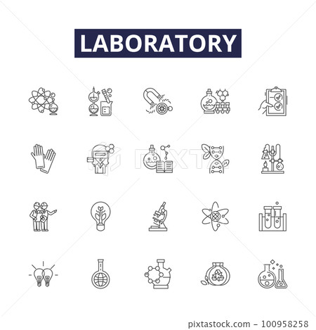 Laboratory line vector icons and signs. Experiment, Test, Research, Analysis, Chemistry, Microscope, Beaker, Study outline vector illustration set 100958258