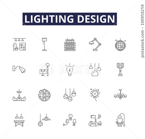 Lighting design line vector icons and signs. Design, Illumination, Scheme, Decor, Effects, Concepts, Illumination, Aesthetics outline vector illustration set Lighting design line vector icons and signs. Design, Illumination, Scheme, Decor, Effects, Concepts, Illumination, Aesthetics outline vector illustration set 100958259