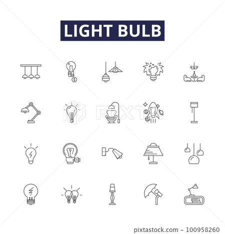 Light bulb line vector icons and signs. Bulb, Illuminate, Glow, Incandescent, Fluorescent, Halogen, LED, Shine outline vector illustration set Light bulb line vector icons and signs. Bulb, Illuminate, Glow, Incandescent, Fluorescent, Halogen, LED, Shine outline vector illustration set 100958260