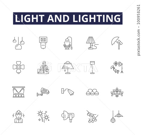 Light and lighting line vector icons and signs. Illumination, Neon, Sunlight, Ambience, Sparkle, Candlelight, Glare, Shadow outline vector illustration set Light and lighting line vector icons and signs. Illumination, Neon, Sunlight, Ambience, Sparkle, Candlelight, Glare, Shadow outline vector illustration set 100958261