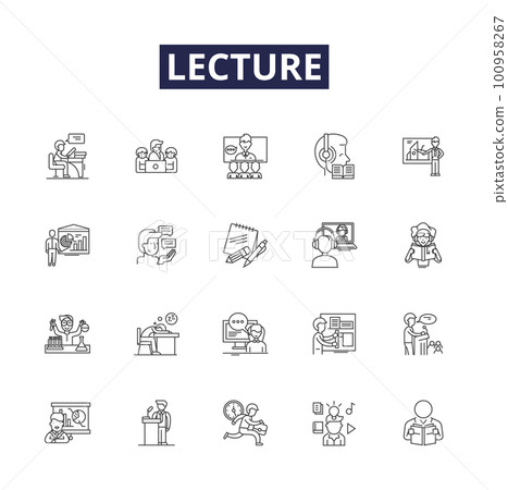 Lecture line vector icons and signs. Talk, Seminar, Education, Classroom, Information, Speech, Knowledge, Explain outline vector illustration set 100958267