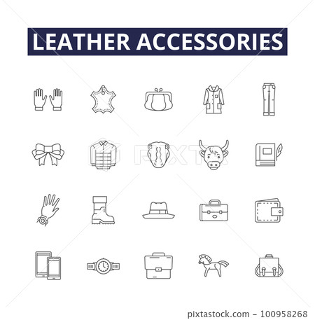 Leather accessories line vector icons and signs. Accessories, Belts, Handbags, Purses, Wallets, Shoes, Boots, Sandals outline vector illustration set 100958268