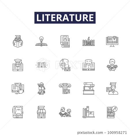 Literature line vector icons and signs. Poetry, Fiction, Plays, Essays, Comic, Story, Verse, Novella outline vector illustration set 100958271