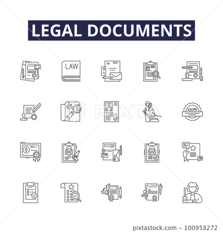 Legal documents line vector icons and signs. Wills, Deeds, Contracts, Affidavits, Agreements, Leases, Powers, Indentures outline vector illustration set 100958272