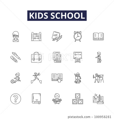 Kids school line vector icons and signs. Kids, School, Learning, Activities, Books, Teaching, Play, Homework outline vector illustration set 100958281