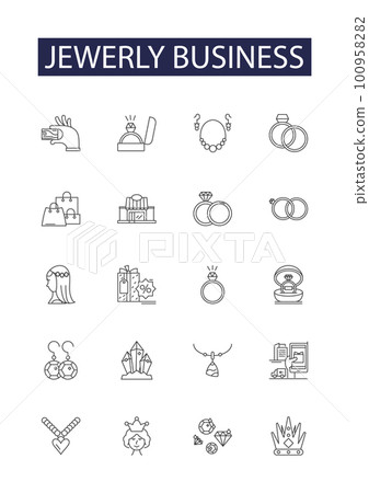 Jewerly business line vector icons and signs. Business, Gold, Silver, Diamonds, Rings, Bracelets, Necklaces, Earrings outline vector illustration set Jewerly business line vector icons and signs. Business, Gold, Silver, Diamonds, Rings, Bracelets, Necklaces, Earrings outline vector illustration set 100958282