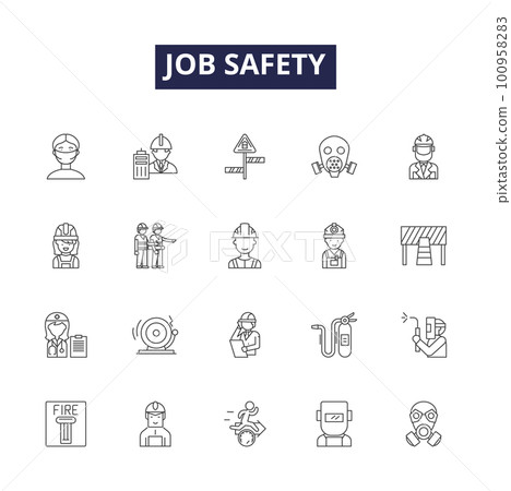 Job safety line vector icons and signs. Avoidance, Awareness, Prevention, Training, Gear, Hazard, Hygiene, Recordkeeping outline vector illustration set 100958283