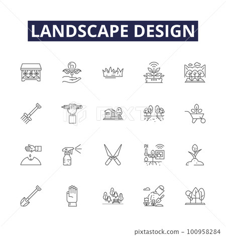Landscape design line vector icons and signs. Landscape, Hardscape, Planting, Patio, Deck, Lighting, Pathway, Shrubbery outline vector illustration set Landscape design line vector icons and signs. Landscape, Hardscape, Planting, Patio, Deck, Lighting, Pathway, Shrubbery outline vector illustration set 100958284