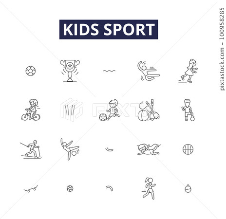 Kids sport line vector icons and signs. sports, games, running, jumping, cycling, swimming, skiing, soccer outline vector illustration set Kids sport line vector icons and signs. sports, games, running, jumping, cycling, swimming, skiing, soccer outline vector illustration set 100958285