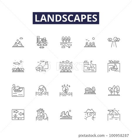 Landscapes line vector icons and signs. seascapes, nature, rural, topography, vista, horizon, mountains, deserts outline vector illustration set Landscapes line vector icons and signs. seascapes, nature, rural, topography, vista, horizon, mountains, deserts outline vector illustration set 100958287