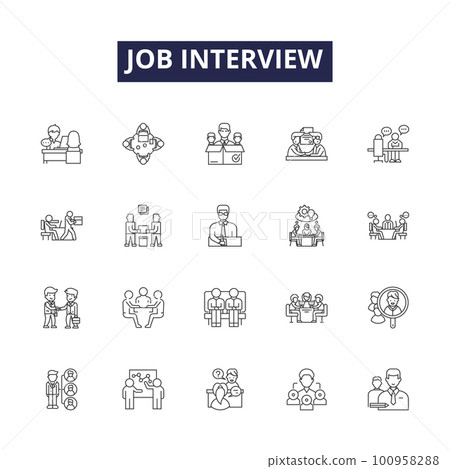 Job interview line vector icons and signs. Job, Preparation, Tips, Resume, Qualifications, Questions, Answer, Performance outline vector illustration set Job interview line vector icons and signs. Job, Preparation, Tips, Resume, Qualifications, Questions, Answer, Performance outline vector illustration set 100958288