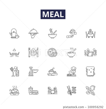 Meal line vector icons and signs. Recipe, Breakfast, Lunch, Dinner, Cuisine, Snack, Banquet, Feast outline vector illustration set Meal line vector icons and signs. Recipe, Breakfast, Lunch, Dinner, Cuisine, Snack, Banquet, Feast outline vector illustration set 100958292