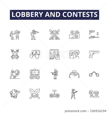 Lobbery and contests line vector icons and signs. Contests, Competition, Promotions, Prizes, Awards, Giveaways, Sweepstakes, Invention outline vector illustration set 100958294
