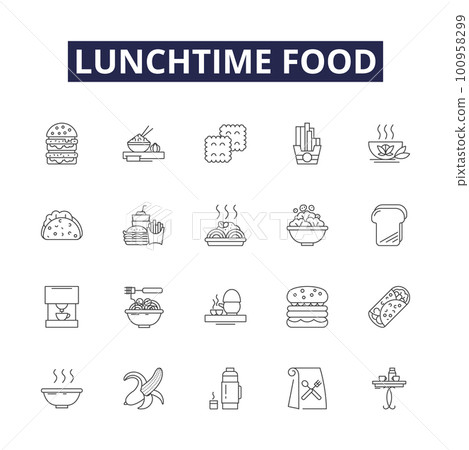 Lunchtime food line vector icons and signs. Salad, Burger, Pizza, Soup, Burrito, Fries, Noodles, Tacos outline vector illustration set 100958299