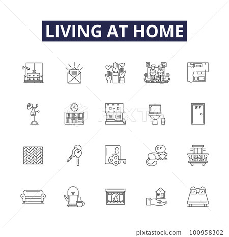 Living at home line vector icons and signs. Reside, Dwell, Abide, Coexist, Occupy, Inhabit, Stay, Survive outline vector illustration set Living at home line vector icons and signs. Reside, Dwell, Abide, Coexist, Occupy, Inhabit, Stay, Survive outline vector illustration set 100958302