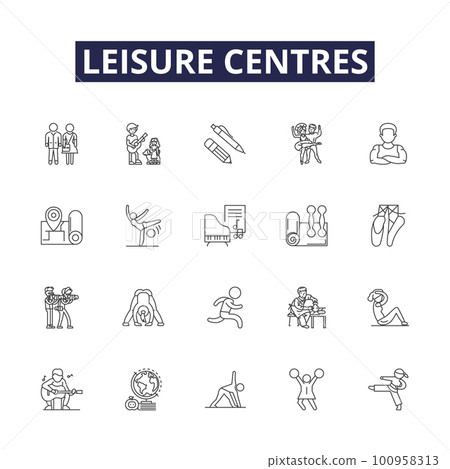 Leisure centres line vector icons and signs. centres, recreation, activity, sport, center, club, swimming, gym outline vector illustration set 100958313
