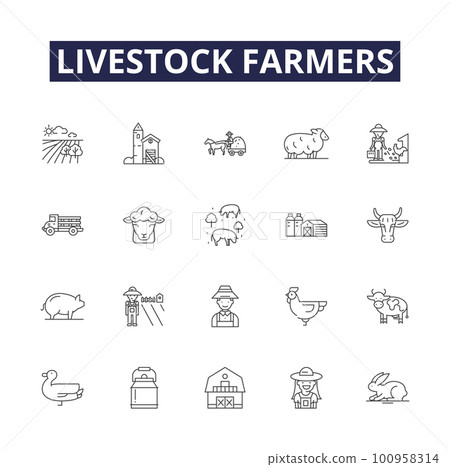 Livestock farmers line vector icons and signs. husbandry, herdsman, agrarians, stockbreeders, custodians, raisers, shepherds, pastoralists outline vector illustration set 100958314