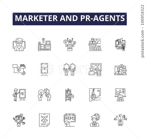 Marketer and pr agents line vector icons and signs. pr, agent, promotion, media, public, strategy, concept,social outline vector illustration set Marketer and pr agents line vector icons and signs. pr, agent, promotion, media, public, strategy, concept,social outline vector illustration set 100958322