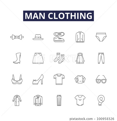 Man clothing line vector icons and signs. Jeans, Suit, T-shirt, Sweater, Coats, Pants, Jacket, Blazer outline vector illustration set Man clothing line vector icons and signs. Jeans, Suit, T-shirt, Sweater, Coats, Pants, Jacket, Blazer outline vector illustration set 100958326