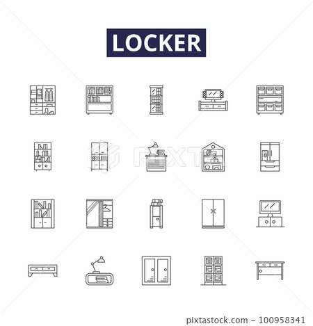 Locker line vector icons and signs. container, cubby, safe, deposit, wardrobe, cupboard, chest, closet outline vector illustration set 100958341