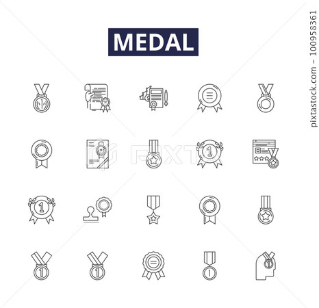 Medal line vector icons and signs. Trophy, Badges, Insignia, Ribbons, Laurels, Badge, Honor, Commemorative outline vector illustration set 100958361