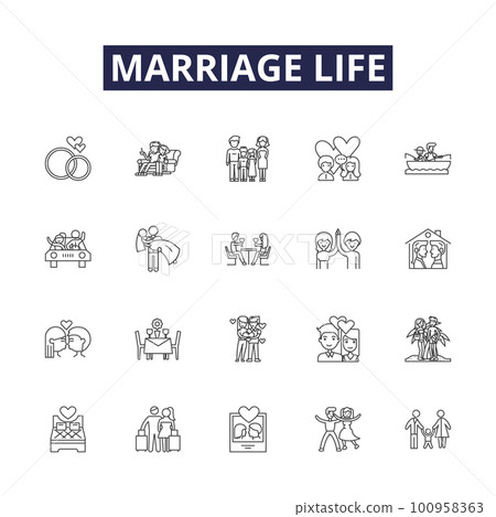 Marriage life line vector icons and signs. commitment, communication, trust, respect, companionship, understanding, partnership, intimacy outline vector illustration set 100958363
