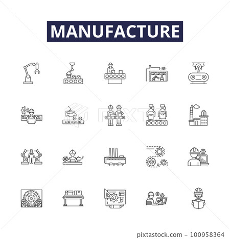 Manufacture line vector icons and signs. Construct, Assemble, Fabrication, Produce, Manufacture, Create, Build, Make outline vector illustration set 100958364