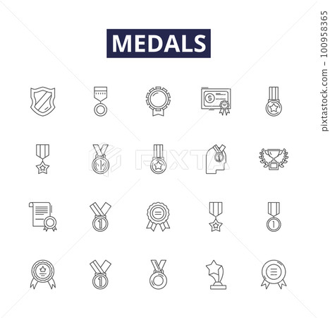 Medals line vector icons and signs. Award, Badge, Trophy, Commendation, Honor, Citation, Decoration, Insignia outline vector illustration set 100958365