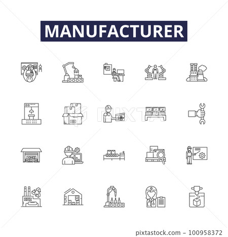 Manufacturer line vector icons and signs. Maker, Fabricator, Supplier, Manufacturer, Constructor, Crafter, Converter, Refiner outline vector illustration set 100958372