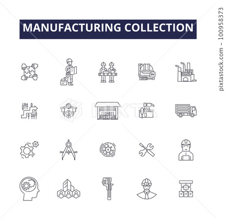 Manufacturing collection line vector icons and signs. Collection, Production, Assembly, Gather, Fabrication, Accumulate, Amass, Assemble outline vector illustration set 100958373