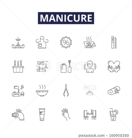 Manicure line vector icons and signs. Cuticle, Polish, File, Trim, Buffer, Clean, Soak, Clippers outline vector illustration set Manicure line vector icons and signs. Cuticle, Polish, File, Trim, Buffer, Clean, Soak, Clippers outline vector illustration set 100958380