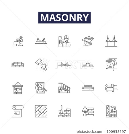Masonry line vector icons and signs. bricklaying, tiling, pointing, stonework, blockwork, stonemasonry, brickwork, render outline vector illustration set Masonry line vector icons and signs. bricklaying, tiling, pointing, stonework, blockwork, stonemasonry, brickwork, render outline vector illustration set 100958397