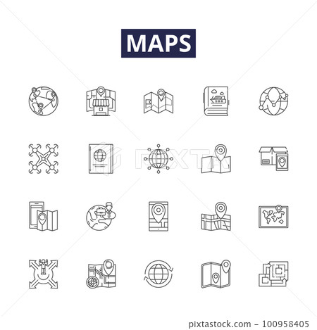 Maps line vector icons and signs. Cartography, Survey, Atlas, Topography, Compass, Navigation, Directions, Apronautical outline vector illustration set Maps line vector icons and signs. Cartography, Survey, Atlas, Topography, Compass, Navigation, Directions, Apronautical outline vector illustration set 100958405