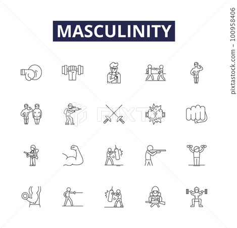 Masculinity line vector icons and signs. Strength, Toughness, Aggression, Courage, Competitiveness, Resilience, Provider, Protector outline vector illustration set 100958406