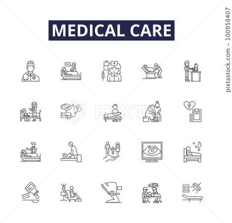 Medical care line vector icons and signs. Healthcare, Clinic, Hospital, Treatment, Physician, Caregiver, Diagnose, Prescription outline vector illustration set 100958407