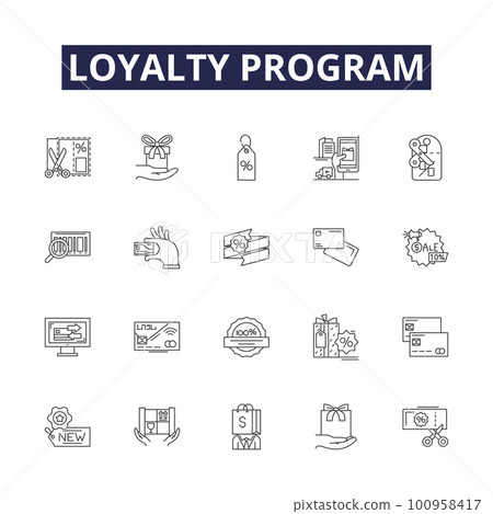 Loyalty program line vector icons and signs. Program, Rewards, Membership, Benefits, Discounts, Purchase, Customer, Reward outline vector illustration set 100958417