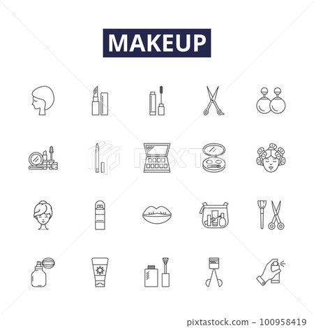 Makeup line vector icons and signs. Primers, Foundation, Blush, Powder, Lipstick, Concealer, Mascara, Eyeshadow outline vector illustration set Makeup line vector icons and signs. Primers, Foundation, Blush, Powder, Lipstick, Concealer, Mascara, Eyeshadow outline vector illustration set 100958419