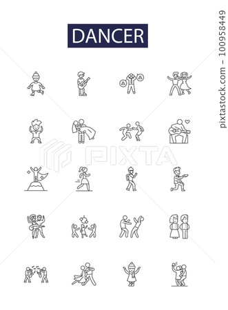 Dancer line vector icons and signs. Twirl, Performance, Hoofing, Ballet, Tap, Jazz, Contemporary, Hip-Hop outline vector illustration set 100958449