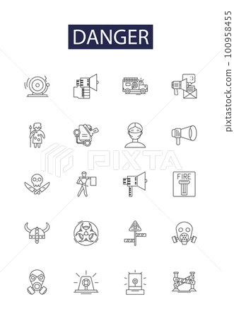 Danger line vector icons and signs. Hazard, Risk, Menace, Threat, Periculous, Threatening, Riparian, Caution outline vector illustration set 100958455