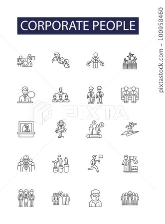 Corporate people line vector icons and signs. Professionals, Managers, Employees, Directors, Consultants, Analysts, Coordinators, Attorneys outline vector illustration set 100958460