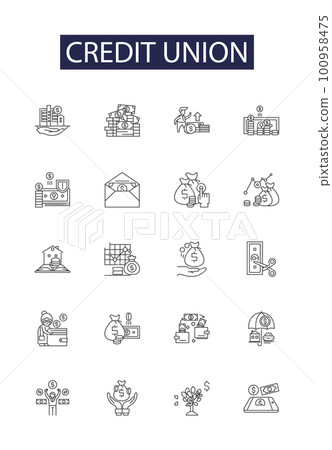 Credit union line vector icons and signs. Union, Financial, Banking, Services, Cooperative, ATM, Checking, Savings outline vector illustration set Credit union line vector icons and signs. Union, Financial, Banking, Services, Cooperative, ATM, Checking, Savings outline vector illustration set 100958475