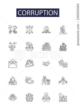 Corruption line vector icons and signs. Malfeasance, Scam, Deceit, Greed, Unethical, Misuse, Extortion, Avarice outline vector illustration set 100958484