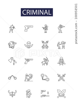 Criminal line vector icons and signs. theft, burglary, extortion, robbery, felonious, felonry, mugging, larceny outline vector illustration set 100958501