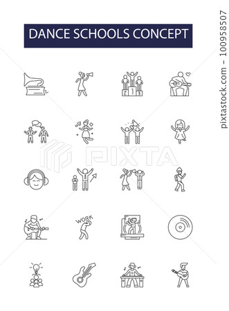 Dance schools concept line vector icons and signs. Schools, Concept, Instruction, Techniques, Performance, Education, Course, Studio outline vector illustration set 100958507