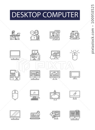 Desktop computer line vector icons and signs. Computer, Personal, DesktopPC, PC, System, Machine, HomePC, OfficePC outline vector illustration set 100958525