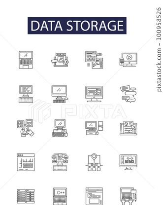 Data storage line vector icons and signs. Storage, Backup, Cloud, Archive, Files, HDD, SSD, RAID outline vector illustration set 100958526