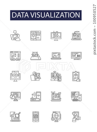 Data visualization line vector icons and signs. Plotting, Diagramming, Charting, Mapping, Picturing, Illustrating, Expression, Representation outline vector illustration set 100958527