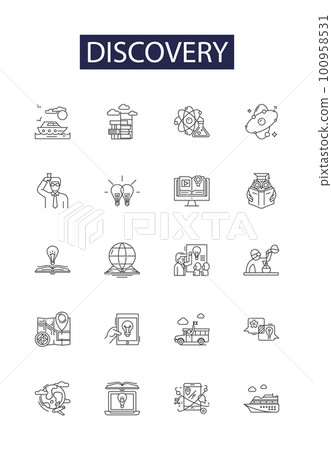 Discovery line vector icons and signs. Locate, Uncover, Discover, Identify, Unearth, Realize, Spot, Invent outline vector illustration set 100958531