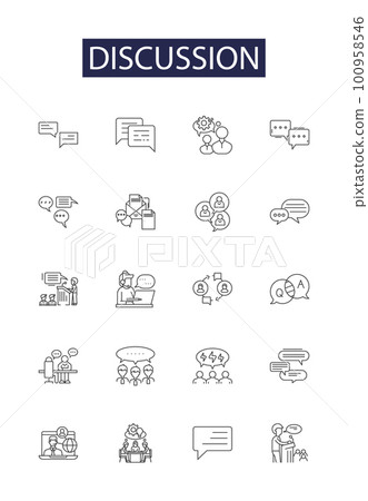 Discussion line vector icons and signs. Dialogue, Exchange, Talk, Contest, Colloquy, Conversation, Deliberation, Conference outline vector illustration set 100958546