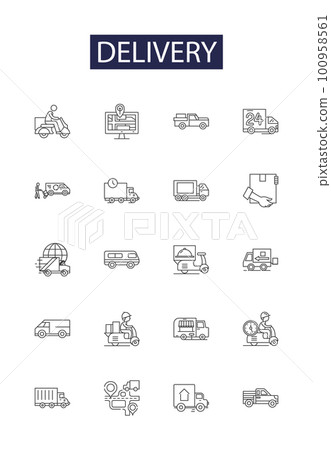 Delivery line vector icons and signs. Shipment, Messaging, Cargo, Courier, Express, Transmit, Bring, Convey outline vector illustration set Delivery line vector icons and signs. Shipment, Messaging, Cargo, Courier, Express, Transmit, Bring, Convey outline vector illustration set 100958561
